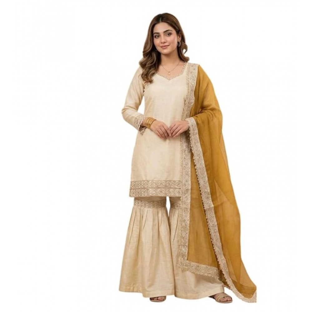 Generic Women's Silk Embroidered 3/4th Sleeve V-Neck Kurti With Sharara Pant and Dupatta Set (Cream & Yellow) - Image 4