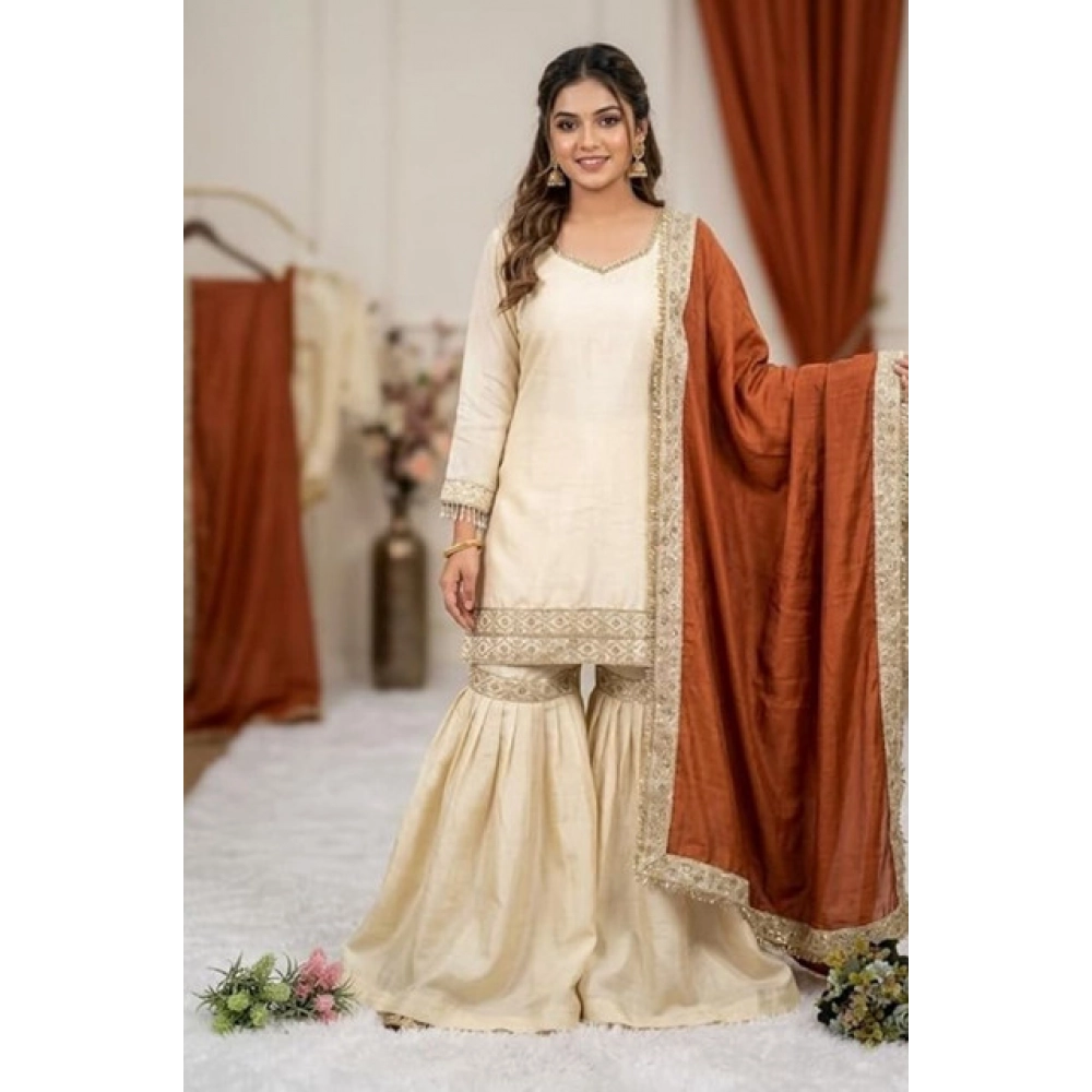 Generic Women's Silk Embroidered 3/4th Sleeve V-Neck Kurti With Sharara Pant and Dupatta Set (Cream & Orange)