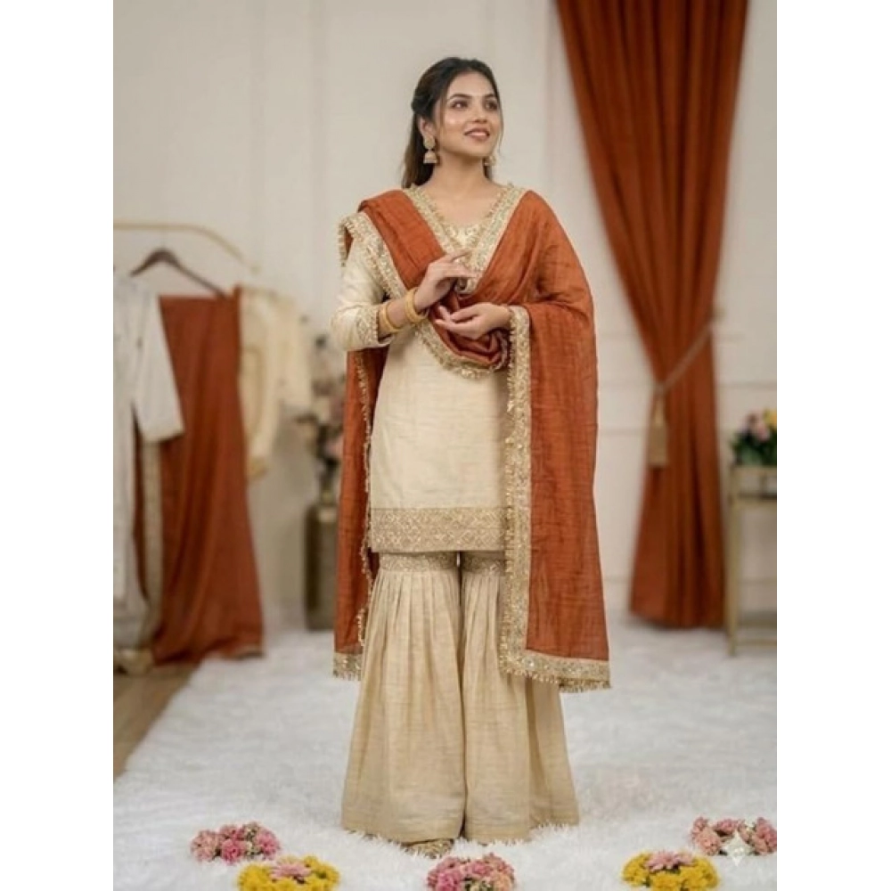 Generic Women's Silk Embroidered 3/4th Sleeve V-Neck Kurti With Sharara Pant and Dupatta Set (Cream & Orange) - Image 4