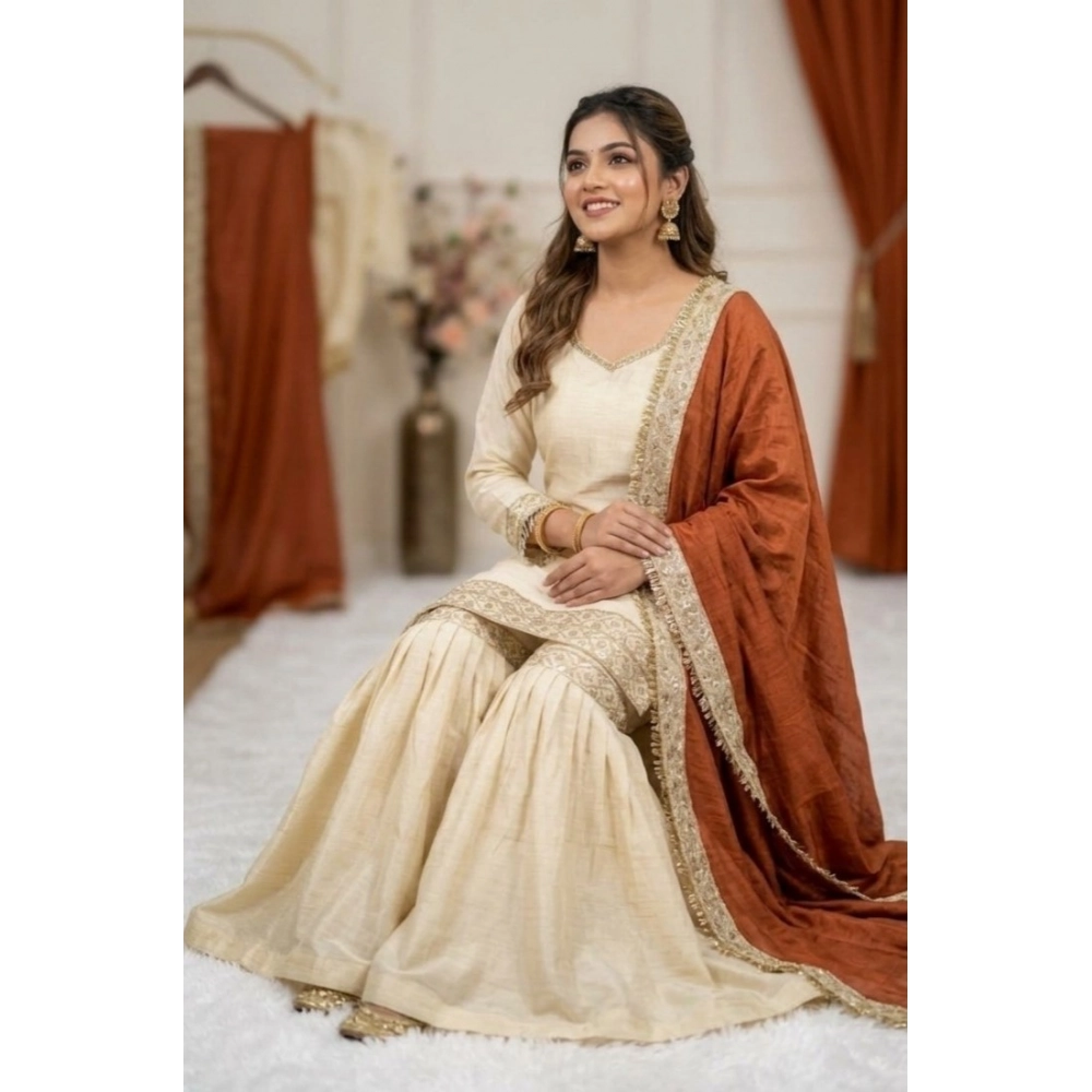 Generic Women's Silk Embroidered 3/4th Sleeve V-Neck Kurti With Sharara Pant and Dupatta Set (Cream & Orange) - Image 5