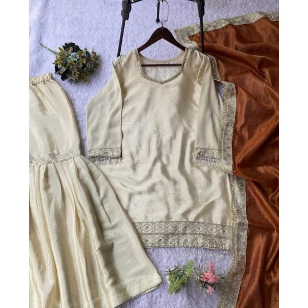 Generic Women's Silk Embroidered 3/4th Sleeve V-Neck Kurti With Sharara Pant and Dupatta Set (Cream & Orange) - Image 2