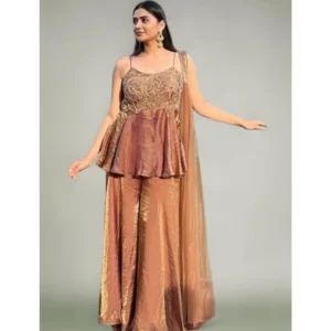 Generic Women's Silk Embroidered Sleeveless Round Kurti With Palazzo Pant and Dupatta Set (Brown)