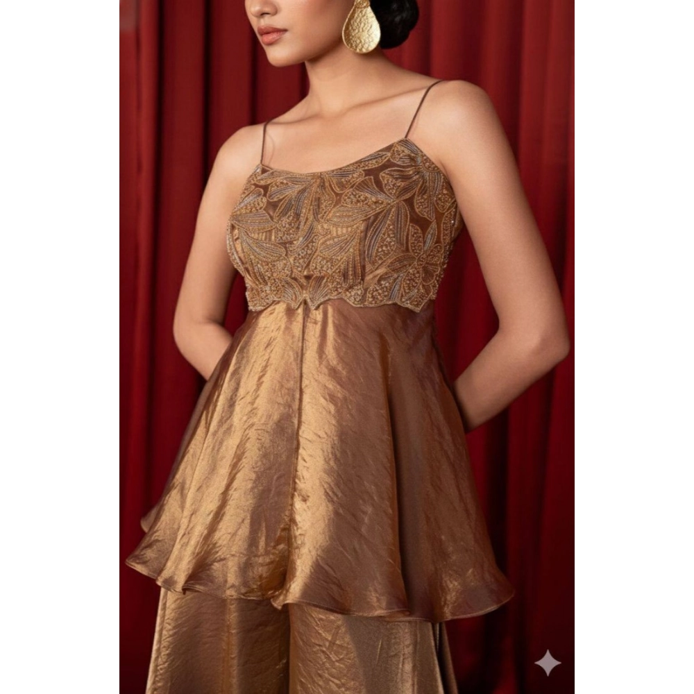 Generic Women's Silk Embroidered Sleeveless Round Kurti With Palazzo Pant and Dupatta Set (Brown) - Image 5