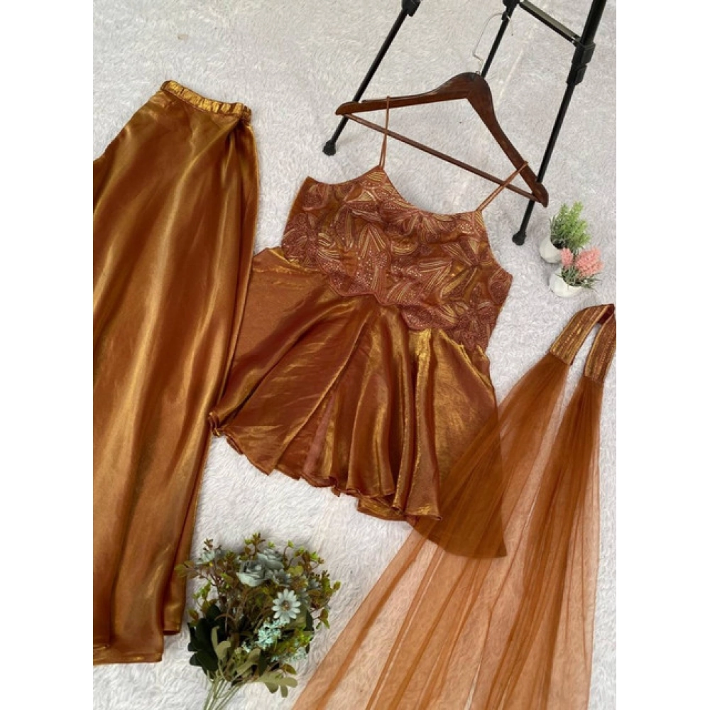 Generic Women's Silk Embroidered Sleeveless Round Kurti With Palazzo Pant and Dupatta Set (Brown) - Image 4