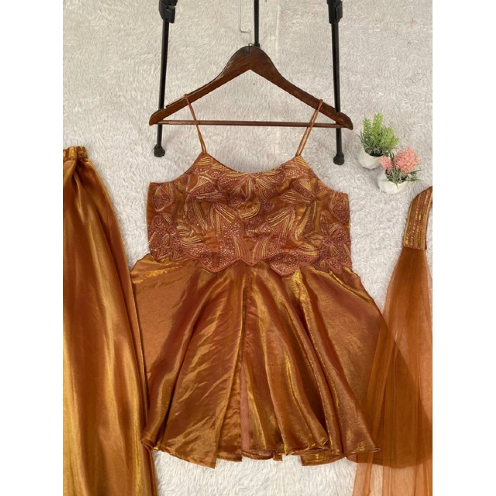 Generic Women's Silk Embroidered Sleeveless Round Kurti With Palazzo Pant and Dupatta Set (Brown) - Image 3
