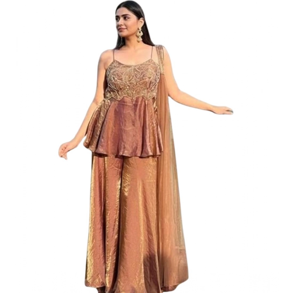 Generic Women's Silk Embroidered Sleeveless Round Kurti With Palazzo Pant and Dupatta Set (Brown) - Image 6