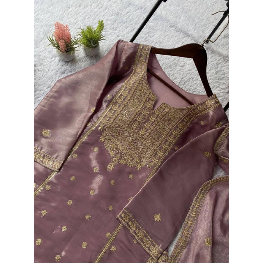 Generic Women's Silk Embroidered 3/4th Sleeve Round Kurti With Sharara Pant and Dupatta Set (Purple) - Image 5