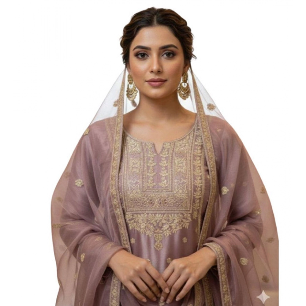 Generic Women's Silk Embroidered 3/4th Sleeve Round Kurti With Sharara Pant and Dupatta Set (Purple) - Image 4