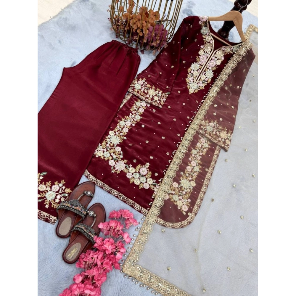 Generic Women's Silk Embroidered 3/4th Sleeve Round Kurti With Palazzo Pant and Dupatta Set (Maroon) - Image 5