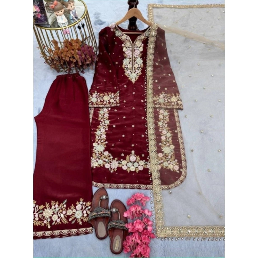 Generic Women's Silk Embroidered 3/4th Sleeve Round Kurti With Palazzo Pant and Dupatta Set (Maroon) - Image 3