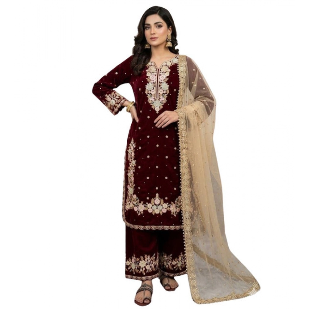 Generic Women's Silk Embroidered 3/4th Sleeve Round Kurti With Palazzo Pant and Dupatta Set (Maroon) - Image 4