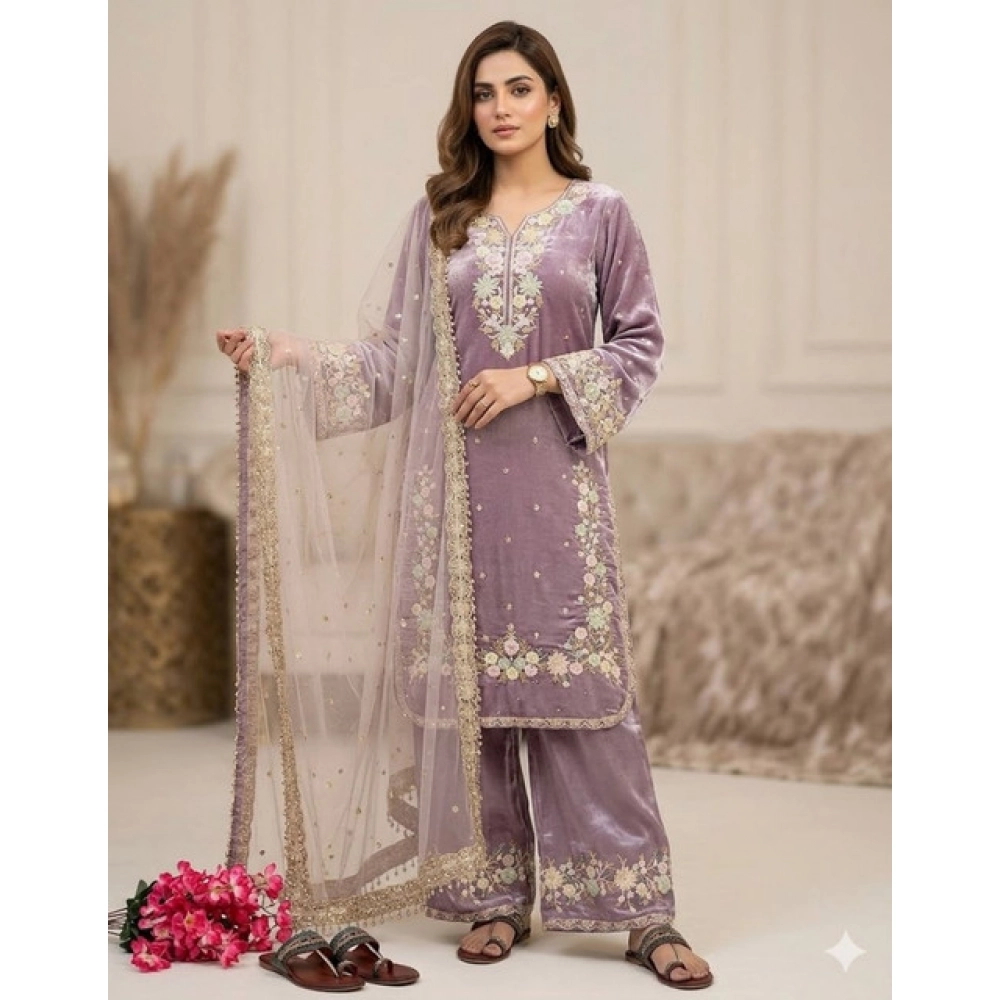 Generic Women's Silk Embroidered 3/4th Sleeve Round Kurti With Palazzo Pant and Dupatta Set (Lavender)