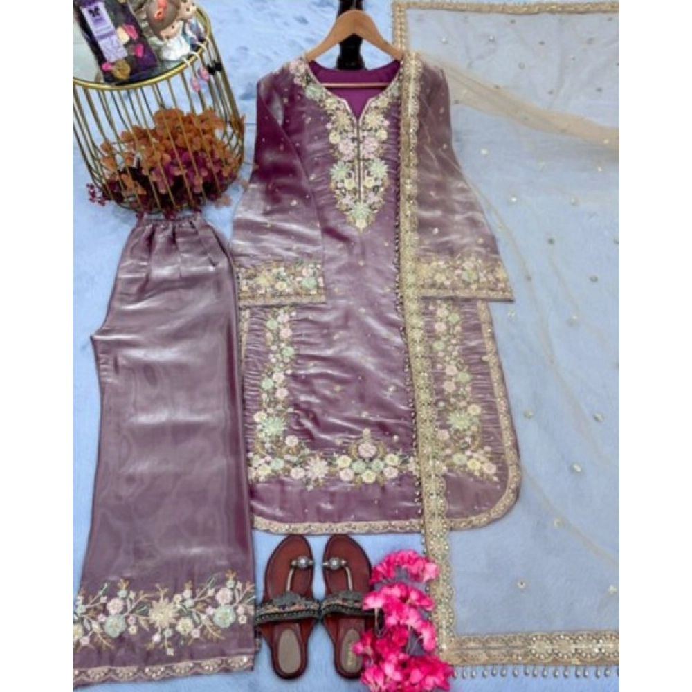 Generic Women's Silk Embroidered 3/4th Sleeve Round Kurti With Palazzo Pant and Dupatta Set (Lavender) - Image 3