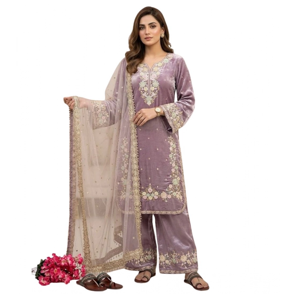 Generic Women's Silk Embroidered 3/4th Sleeve Round Kurti With Palazzo Pant and Dupatta Set (Lavender) - Image 4
