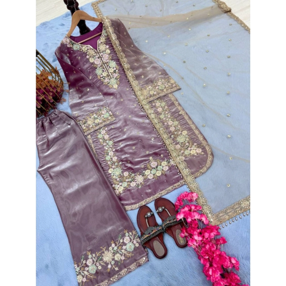 Generic Women's Silk Embroidered 3/4th Sleeve Round Kurti With Palazzo Pant and Dupatta Set (Lavender) - Image 5