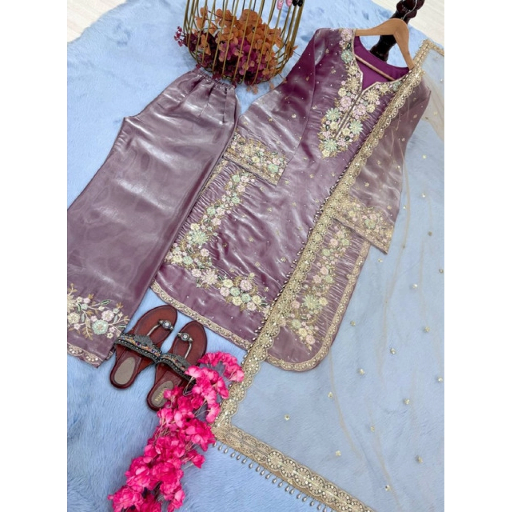Generic Women's Silk Embroidered 3/4th Sleeve Round Kurti With Palazzo Pant and Dupatta Set (Lavender) - Image 6