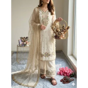 Generic Women's Silk Embroidered 3/4th Sleeve Round Kurti With Palazzo Pant and Dupatta Set (White)