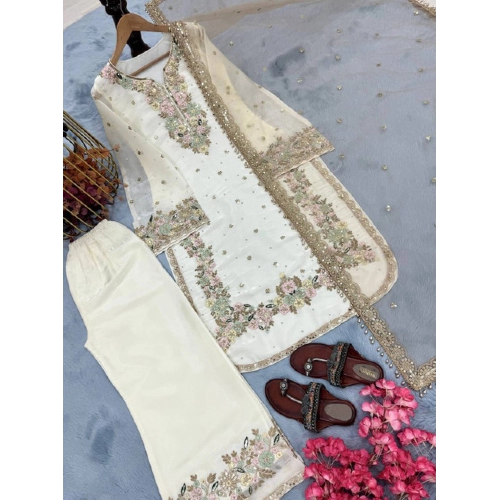 Generic Women's Silk Embroidered 3/4th Sleeve Round Kurti With Palazzo Pant and Dupatta Set (White) - Image 5