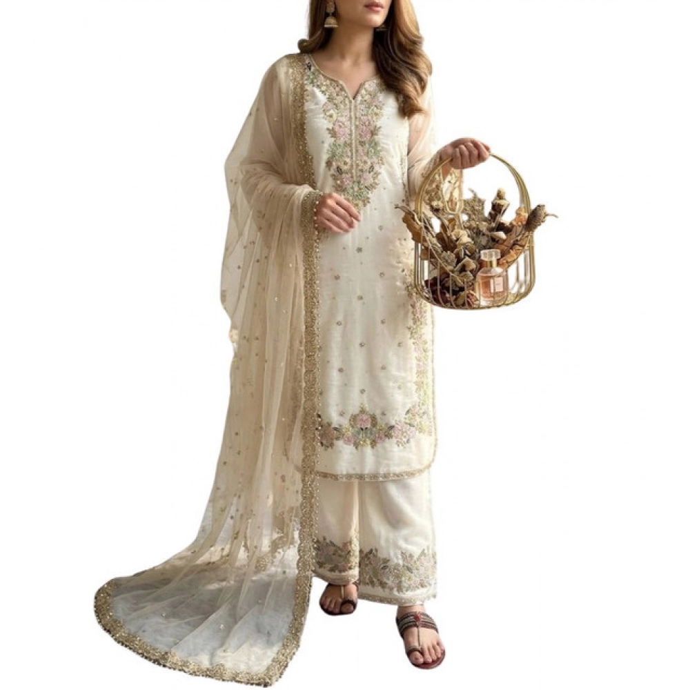 Generic Women's Silk Embroidered 3/4th Sleeve Round Kurti With Palazzo Pant and Dupatta Set (White) - Image 4