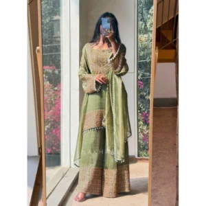 Generic Women's Silk Embroidered 3/4th Sleeve Round Kurti With Sharara Pant and Dupatta Set (Green)