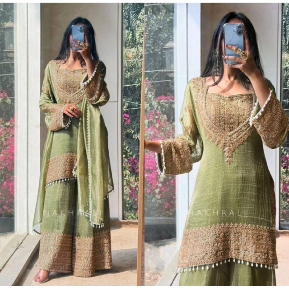 Generic Women's Silk Embroidered 3/4th Sleeve Round Kurti With Sharara Pant and Dupatta Set (Green) - Image 4