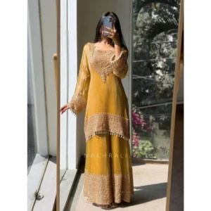 Generic Women's Silk Embroidered 3/4th Sleeve Round Kurti With Sharara Pant and Dupatta Set (Yellow)