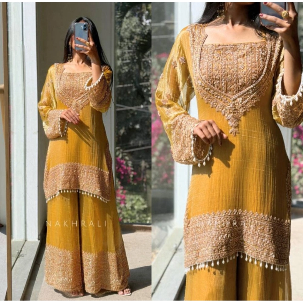Generic Women's Silk Embroidered 3/4th Sleeve Round Kurti With Sharara Pant and Dupatta Set (Yellow) - Image 6