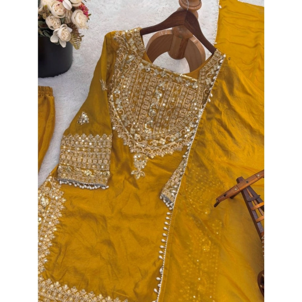 Generic Women's Silk Embroidered 3/4th Sleeve Round Kurti With Sharara Pant and Dupatta Set (Yellow) - Image 5