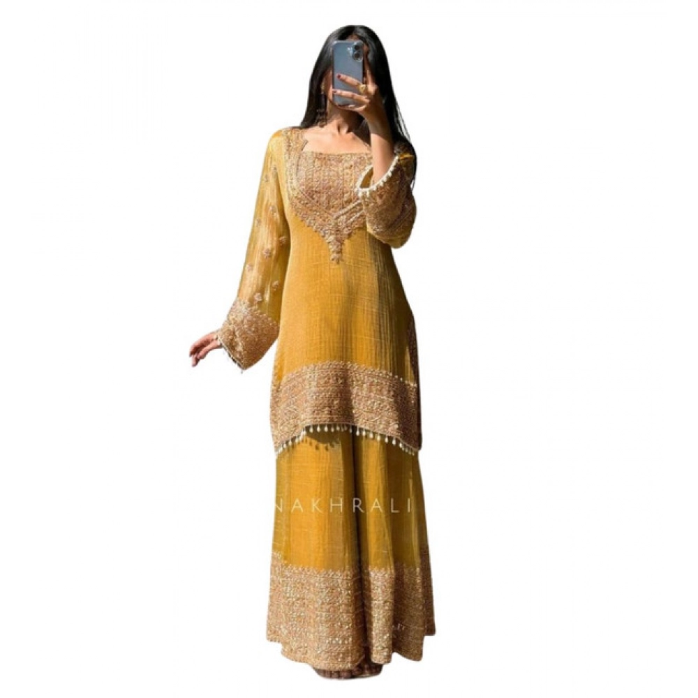 Generic Women's Silk Embroidered 3/4th Sleeve Round Kurti With Sharara Pant and Dupatta Set (Yellow) - Image 4