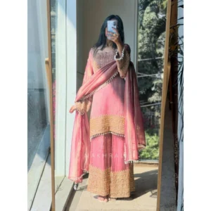 Generic Women's Silk Embroidered 3/4th Sleeve Round Kurti With Sharara Pant and Dupatta Set (Pink)