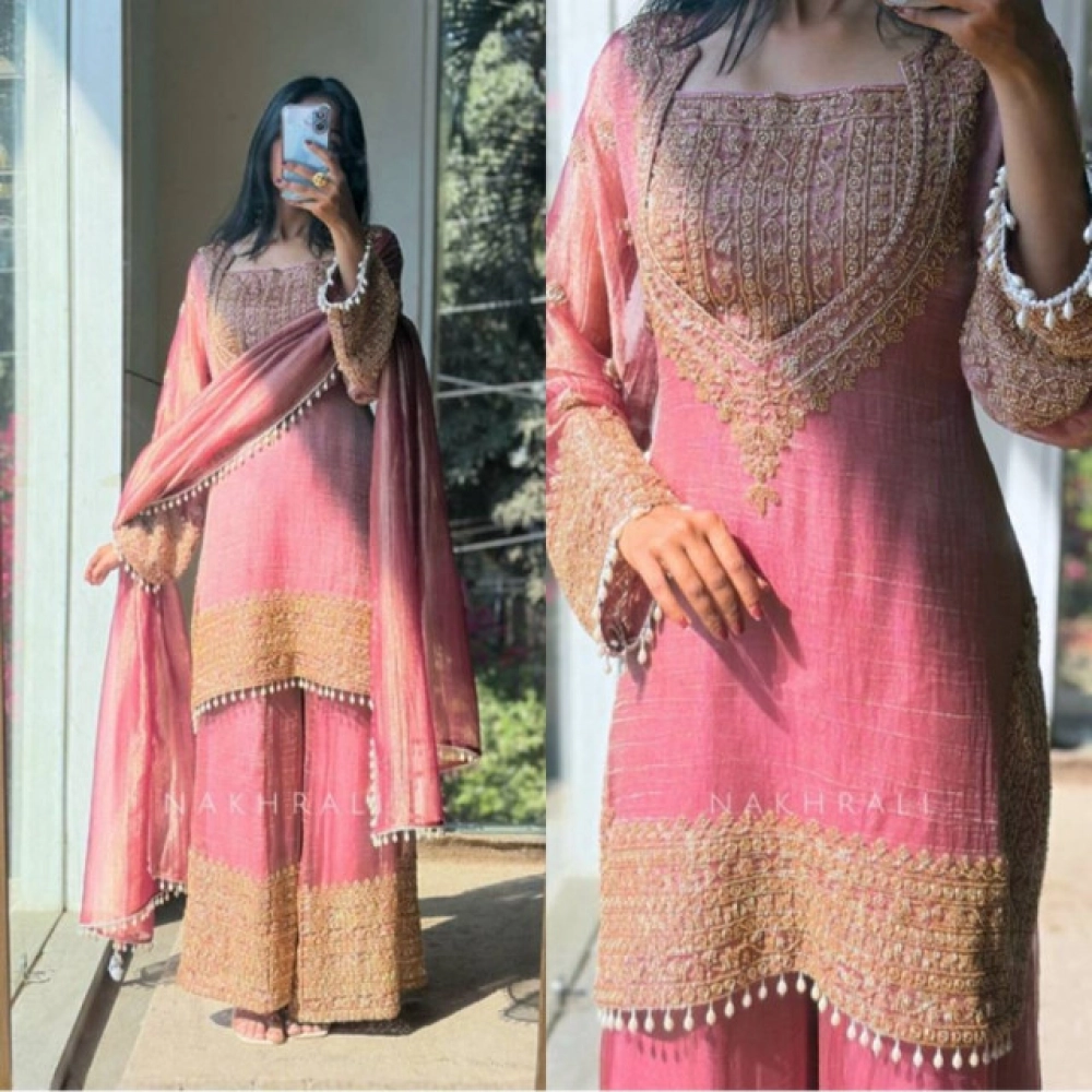 Generic Women's Silk Embroidered 3/4th Sleeve Round Kurti With Sharara Pant and Dupatta Set (Pink) - Image 5