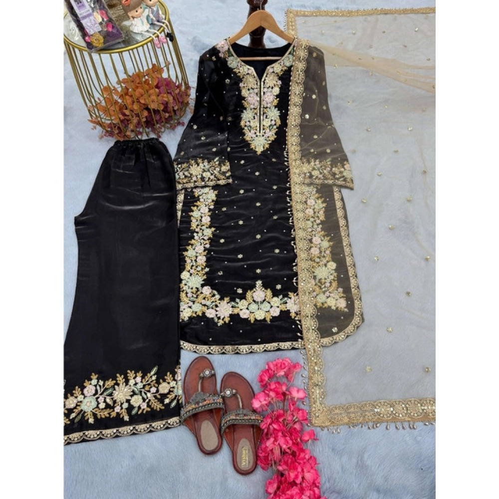Generic Women's Silk Embroidered 3/4th Sleeve Round Readymade Kurti With Palazzo Pant and Dupatta Set (Black) - Image 4