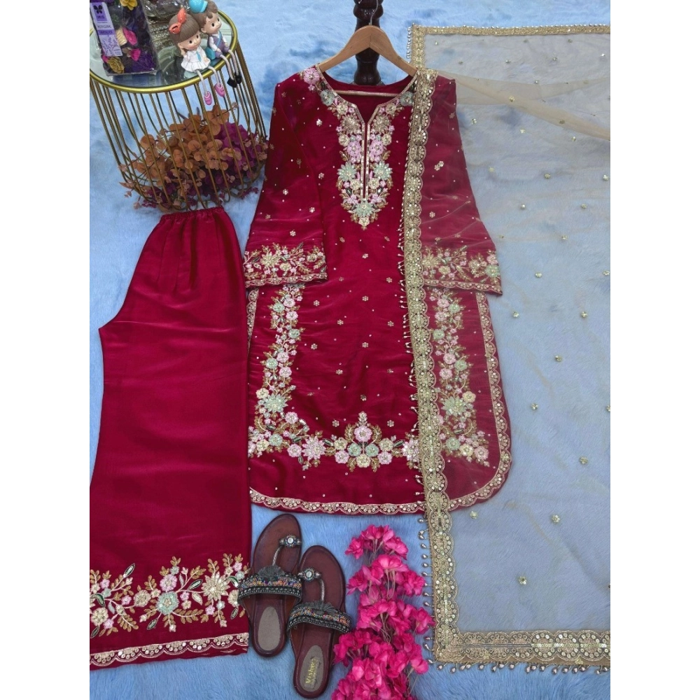 Generic Women's Silk Embroidered 3/4th Sleeve Round Readymade Kurti With Palazzo Pant and Dupatta Set (Red) - Image 3