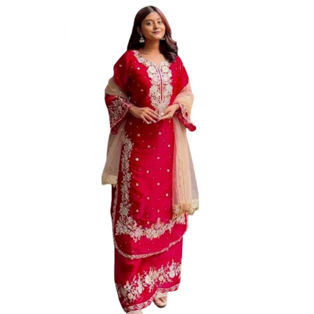 Generic Women's Silk Embroidered 3/4th Sleeve Round Readymade Kurti With Palazzo Pant and Dupatta Set (Red) - Image 4