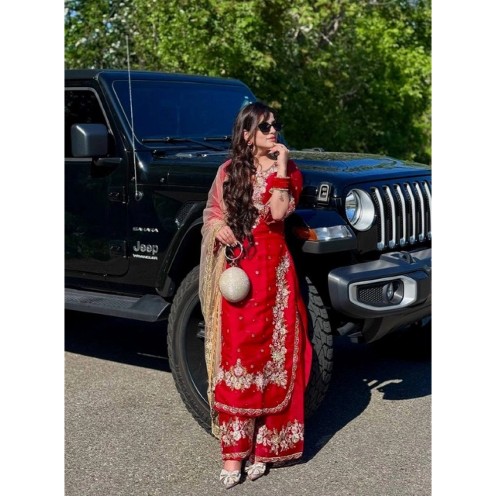 Generic Women's Silk Embroidered 3/4th Sleeve Round Readymade Kurti With Palazzo Pant and Dupatta Set (Red) - Image 5