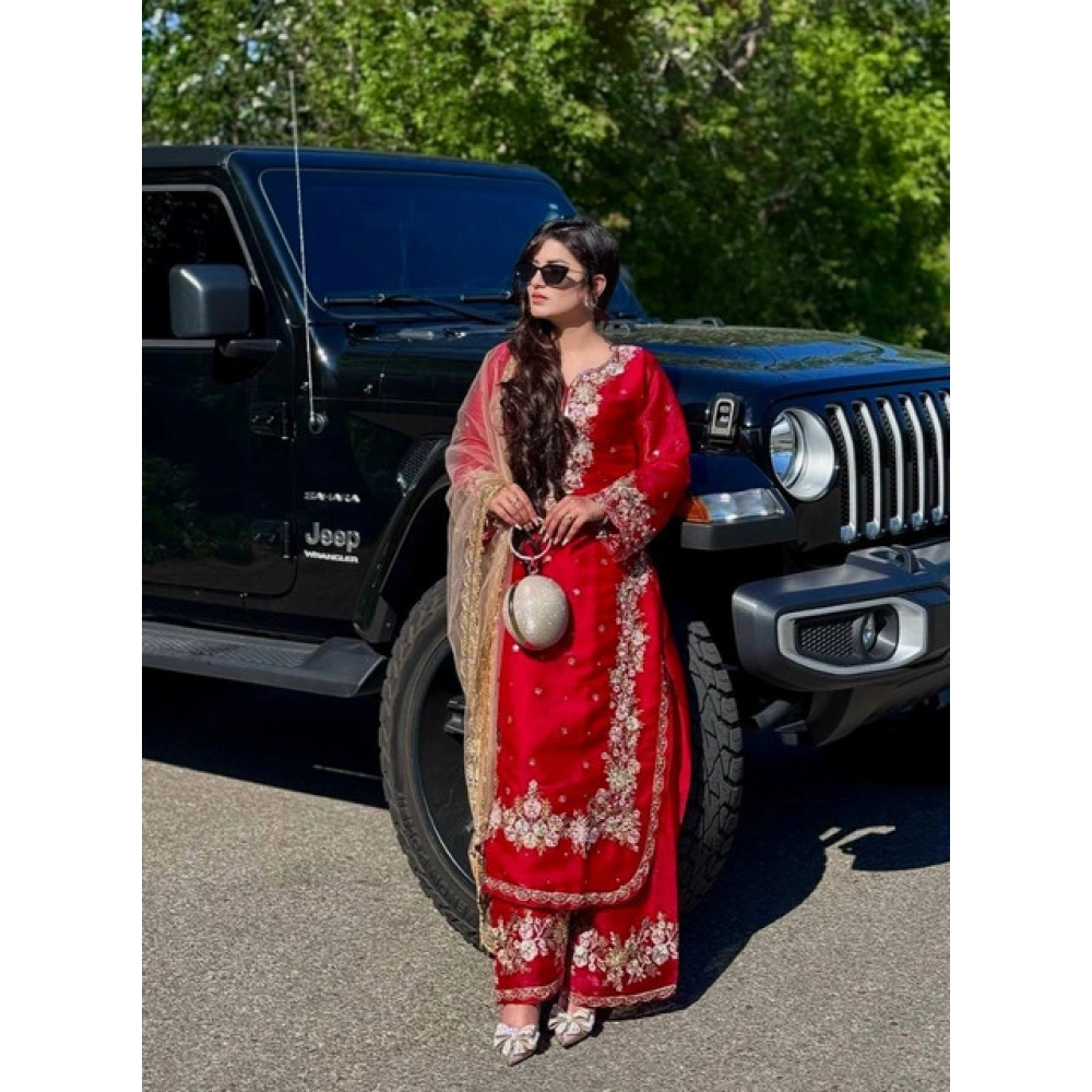 Generic Women's Silk Embroidered 3/4th Sleeve Round Readymade Kurti With Palazzo Pant and Dupatta Set (Red) - Image 6