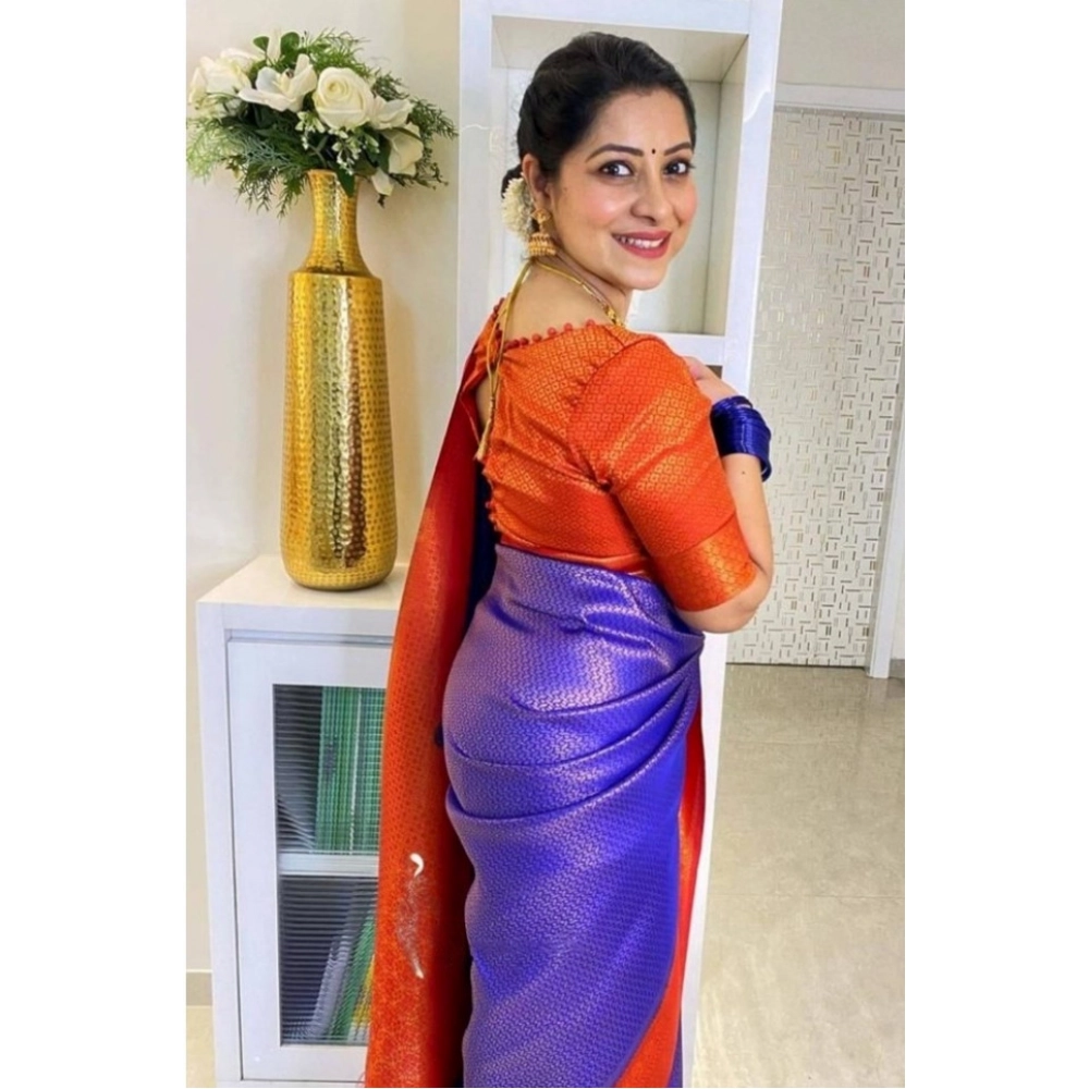 Generic Women's Soft Lichi Silk Printed Saree With Unstitched Blouse 5.5Mtr (Blue) - Image 2