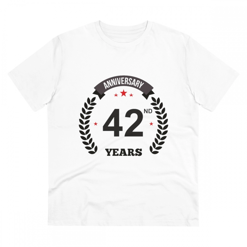 Generic Men's PC Cotton 42nd Anniversary Printed T Shirt (Color: White, Thread Count: 180GSM)