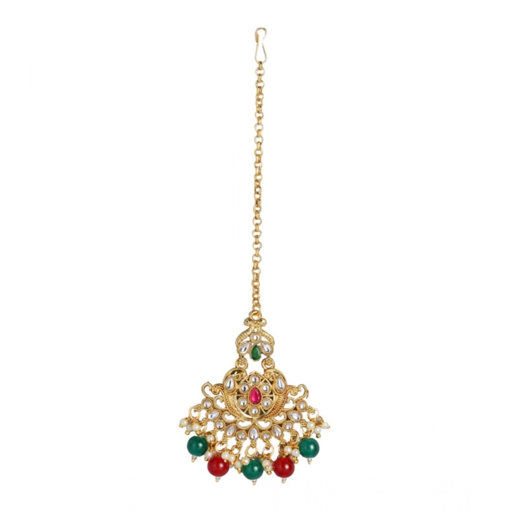 Generic Women's Rose Gold Plated Alloy Kundan Earrings & Mangtikka (Red & Green) - Image 3