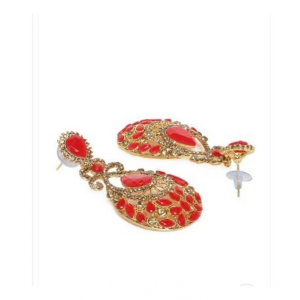 Generic Women's Rose Gold Plated Alloy Earrings (Gold & Red) - Image 2