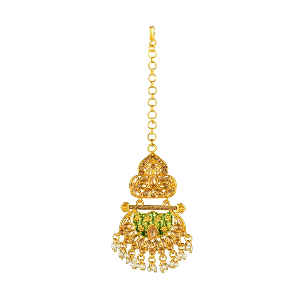 Generic Women's Rose Gold Plated Alloy Kundan Earrings & Mangtikka (Green) - Image 3