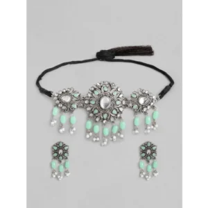Generic Women's Rose Gold Plated Alloy Necklace & Earings Set (Light Green)