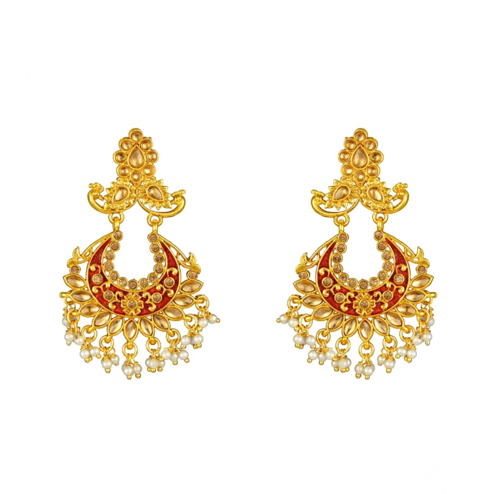Generic Women's Rose Gold Plated Alloy Kundan Earrings & Mangtikka (Maroon) - Image 2