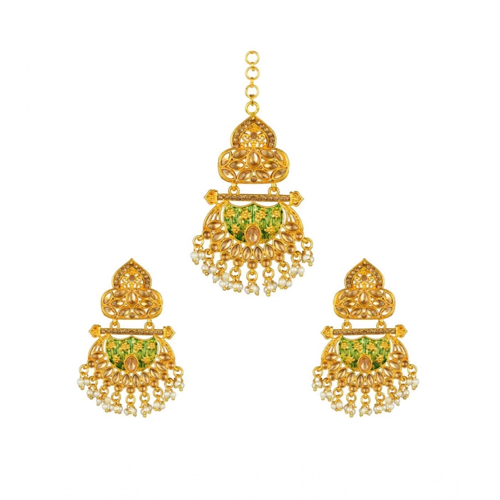 Generic Women's Rose Gold Plated Alloy Kundan Earrings & Mangtikka (Green) - Image 5