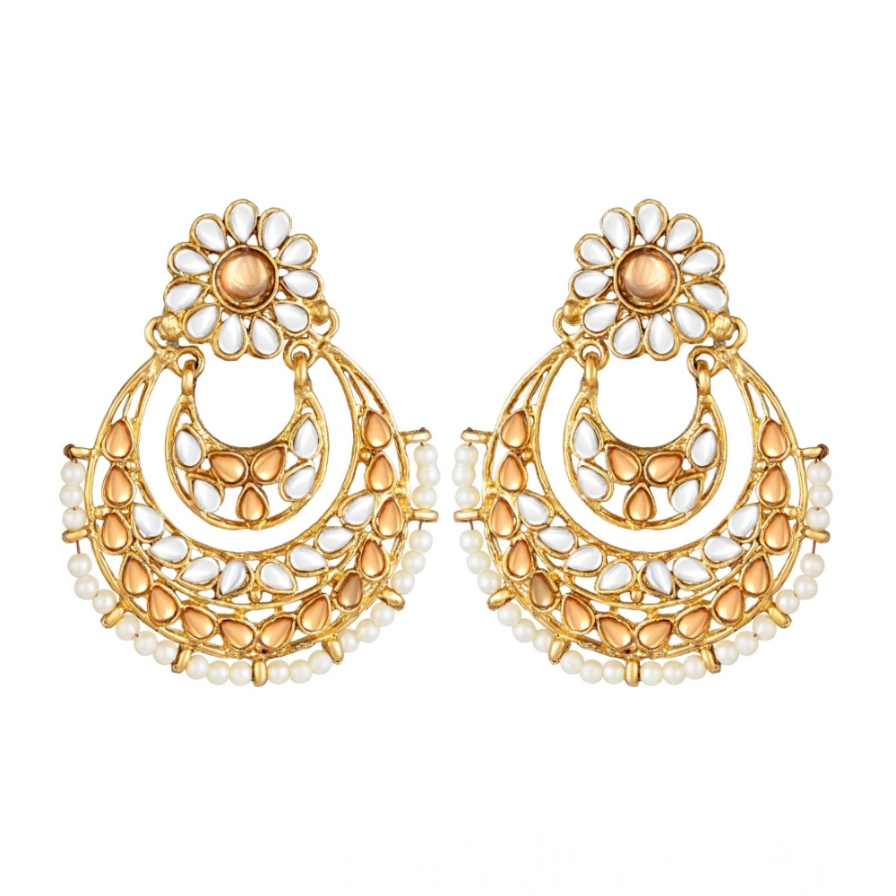 Generic Women's Rose Gold Plated Alloy Kundan Earrings & Mangtikka (White & Gold)