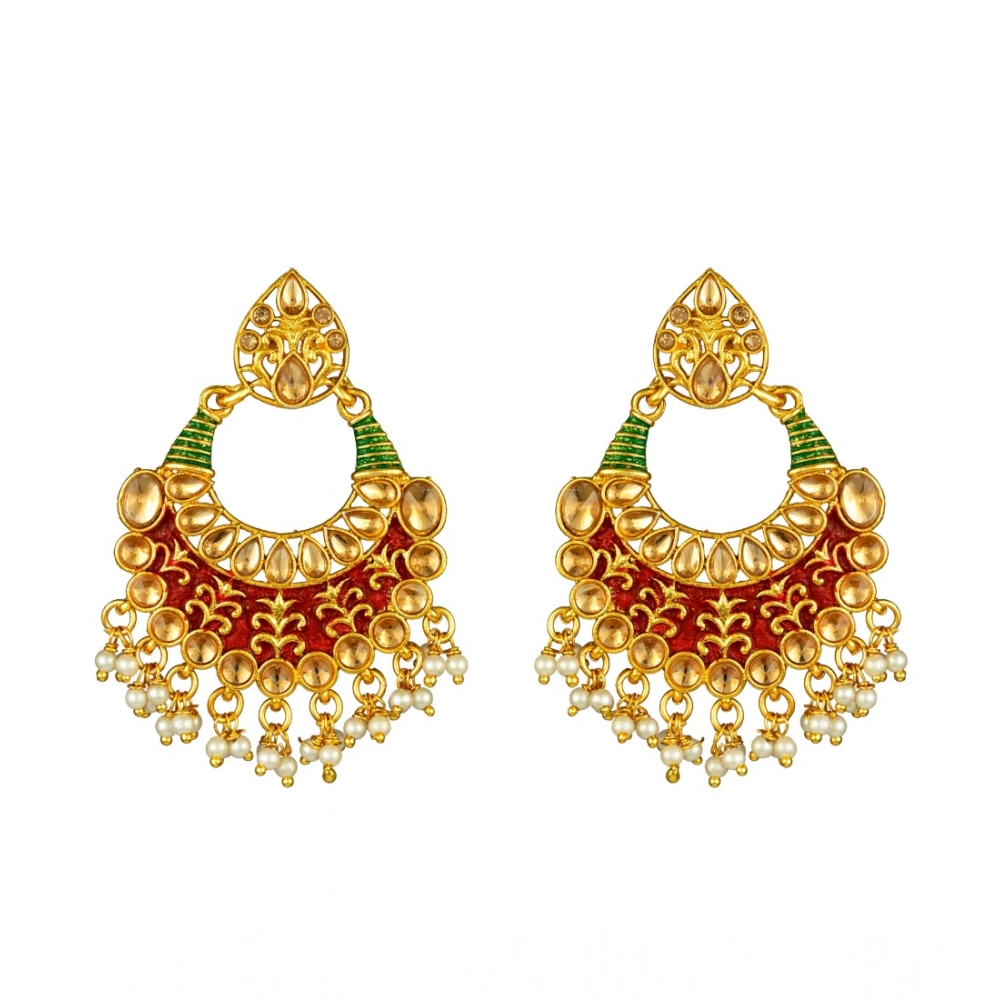 Generic Women's Rose Gold Plated Alloy Kundan Earrings & Mangtikka (Red & Green) - Image 2
