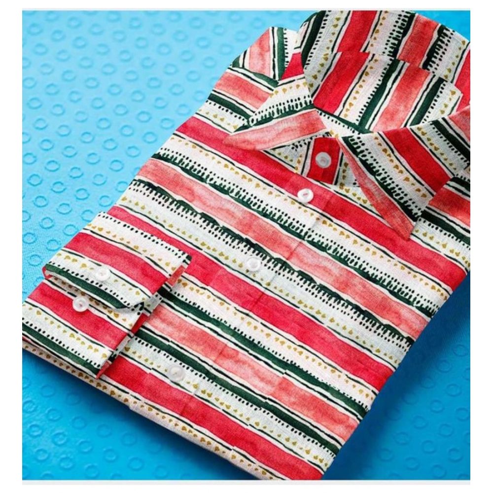Generic Men's Cotton Blended Striped Full Sleeve Shirt (Red-White) - Image 3