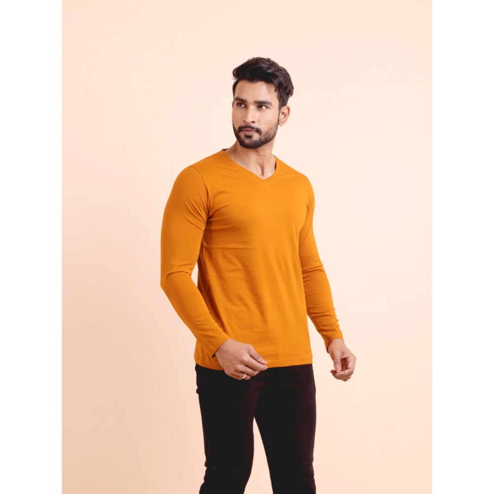 Generic Men's Casual Cotton Solid V Neck Full Sleeve T-Shirt (Mustard) - Image 4