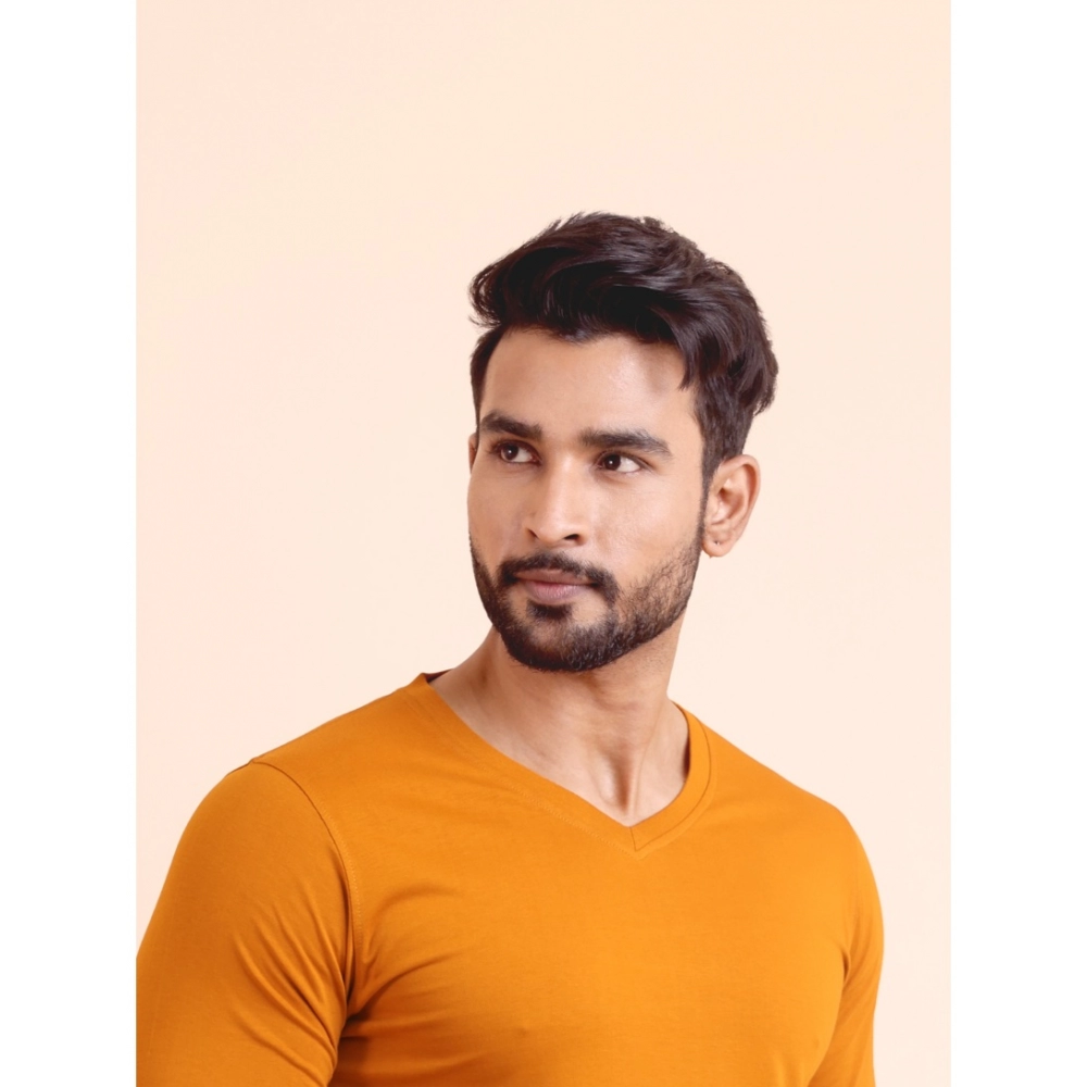 Generic Men's Casual Cotton Solid V Neck Full Sleeve T-Shirt (Mustard) - Image 3