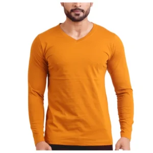 Generic Men's Casual Cotton Solid V Neck Full Sleeve T-Shirt (Mustard)